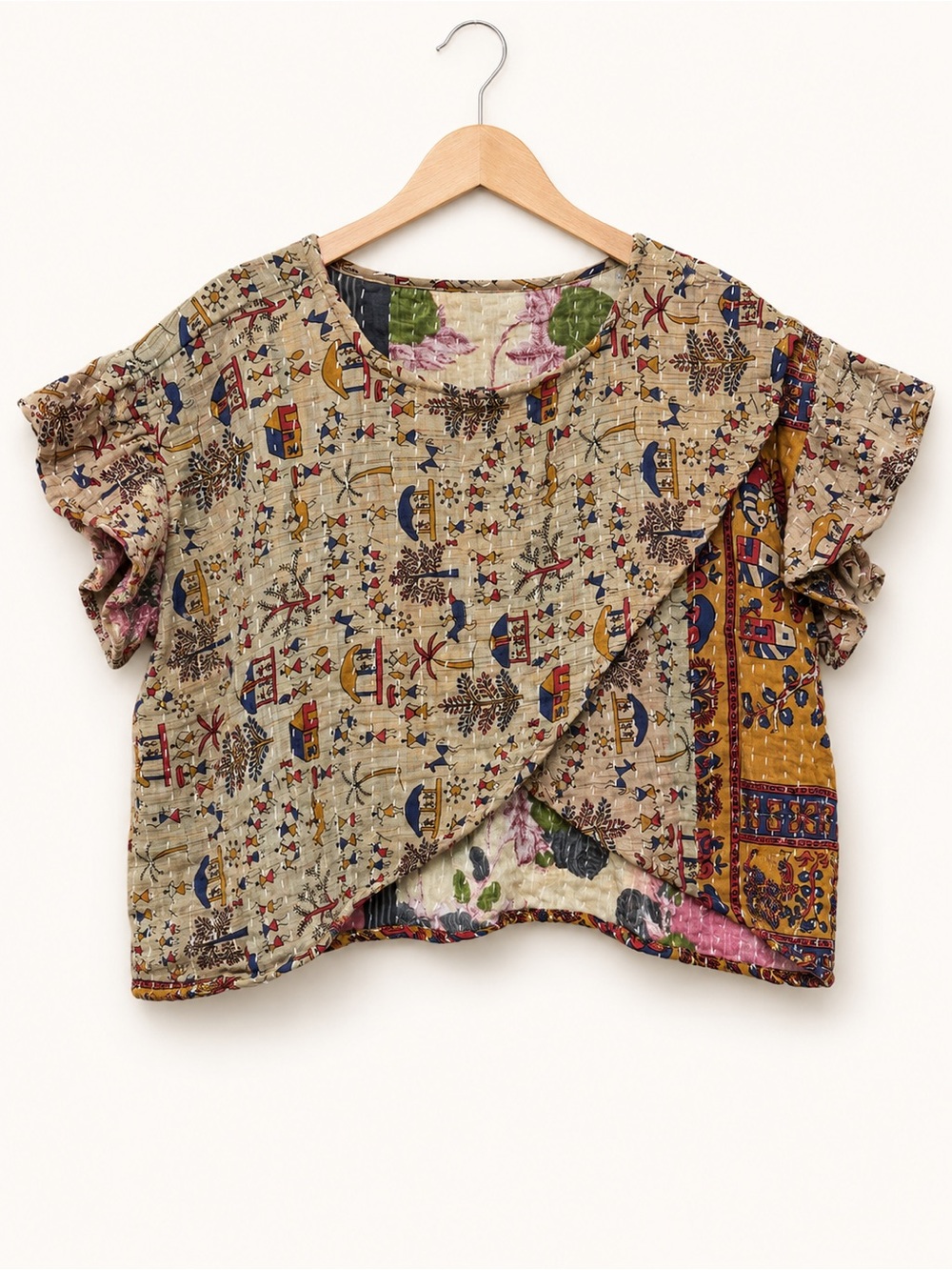 Reversible Kantha Crop Top Ruffle Sleeve Boxy Boho Artisan OOAK